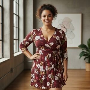 Torrid| Maroon floral faux wrap dress Size 2/XXL